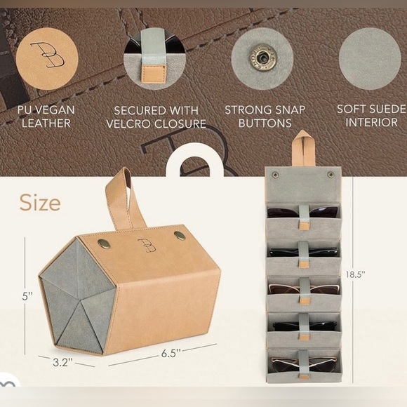 BOSHKU TAN SUNGLASSES ORGANIZING CASE NWOT vegan leather w/ suede Holds 5 pairs - Picture 7 of 8